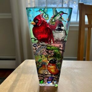 Amia Hand Painted Colorful Bird Design Glass Vase